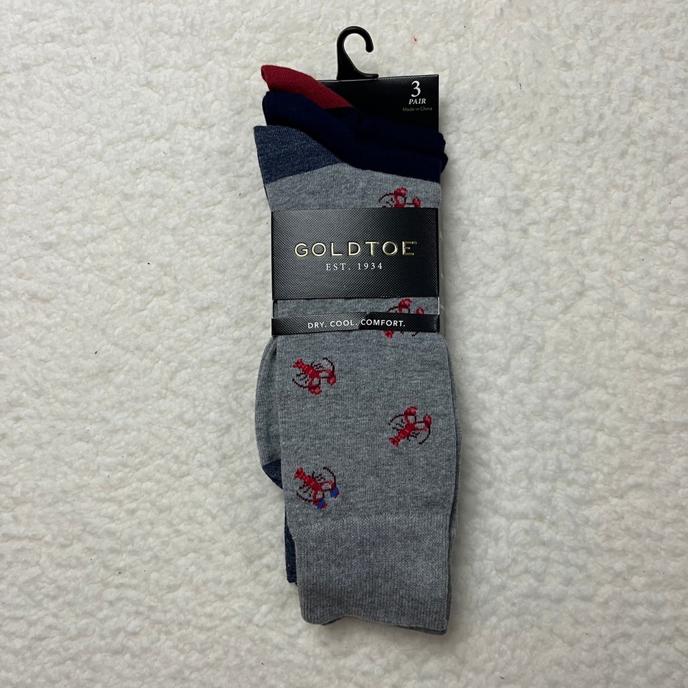 Goldtoe‎ Mens 3 Pair Crew Socks Lobster Anchor Navy Grey AquaFX New